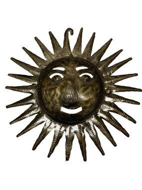 Handcrafted Haitian Bronze Colored Metal Sun Face Wall Sculpture